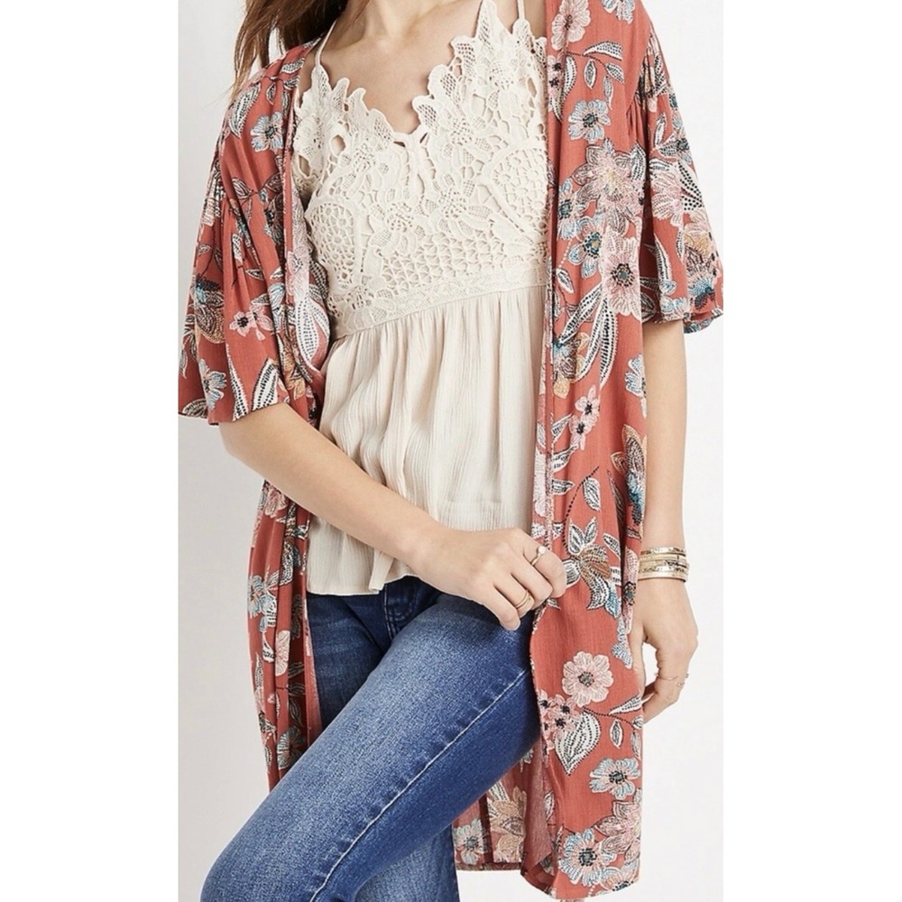 Maurices‎ Womens Plus 3X Floral Kimono Wrap Terracotta Orange Tiered Sleeve NEW